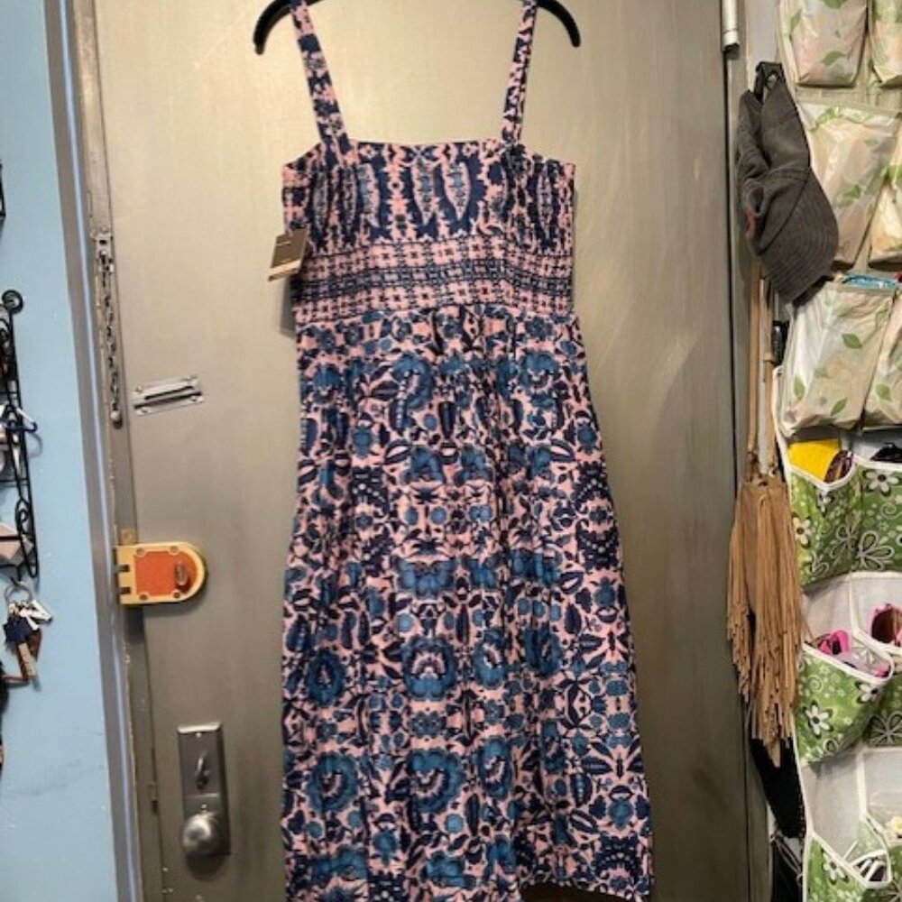 Taylor Retro Pink & Blue Floral Pleated Dress With Pockets Spaghetti Straps - Picture 16 of 16